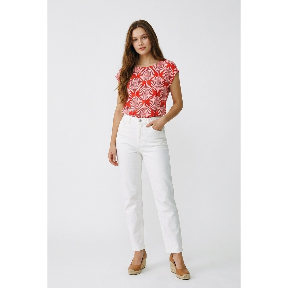 JOIE Red White Palm Leaf Fan Print 100% Linen Short Sleeve Top M NWOT $178 Coast